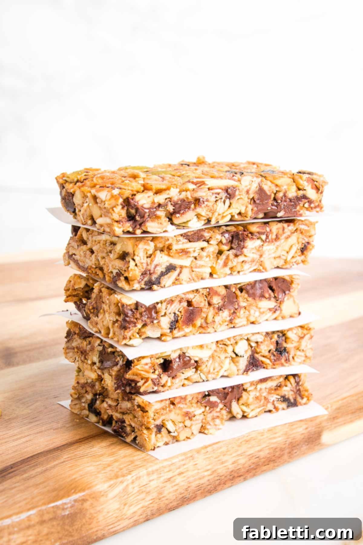 Golden Baked Granola Bites 3 Stack of crunchy granola bars separated by sheets of parchment paper.
