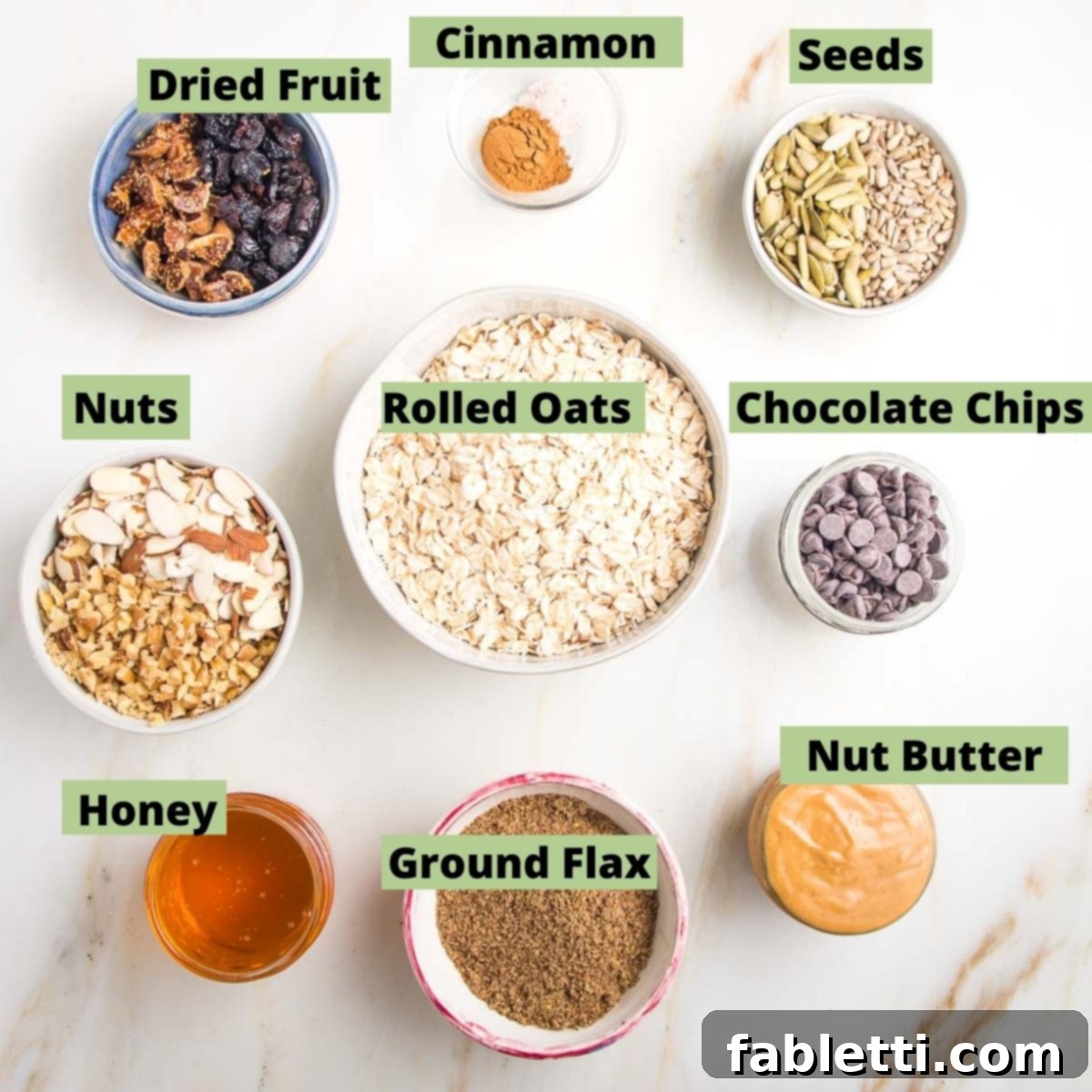 Golden Baked Granola Bites 4 Labeled ingredients for granola bars: rolled oats, ground flax, nut butter, nuts, seeds, dried fruit, chocolate chips, honey