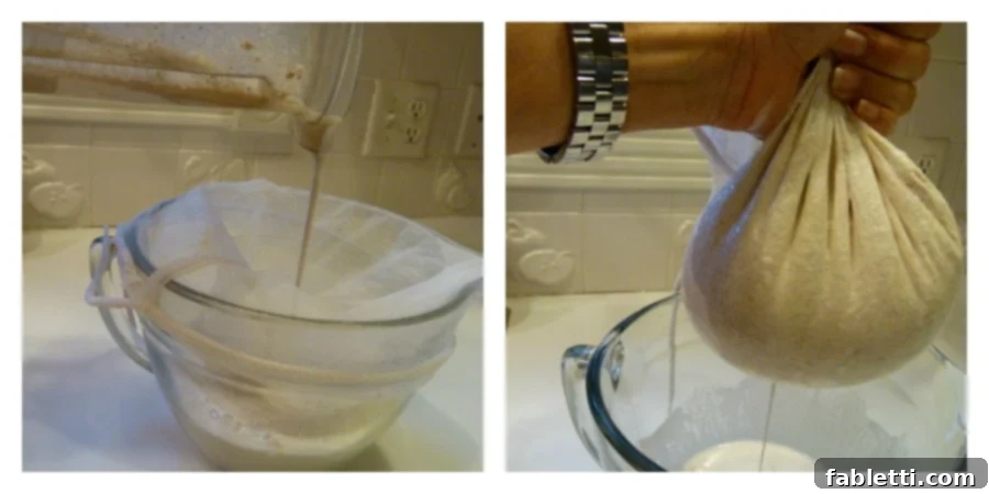 Freshly Crafted Almond Milk 3 Straining almond milk in a nut milk bag.