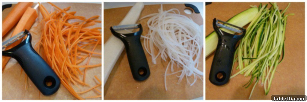 Preparing vegetable noodles with a julienne peeler