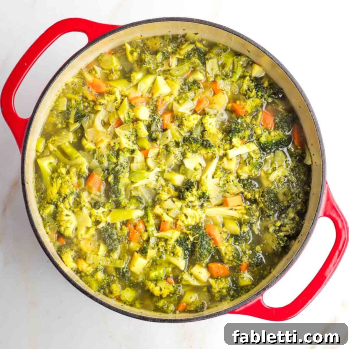 Velvety Plant-Based Broccoli Soup 11 Chunks of broccoli, carrots, parsnips and onions in a vegetable broth.