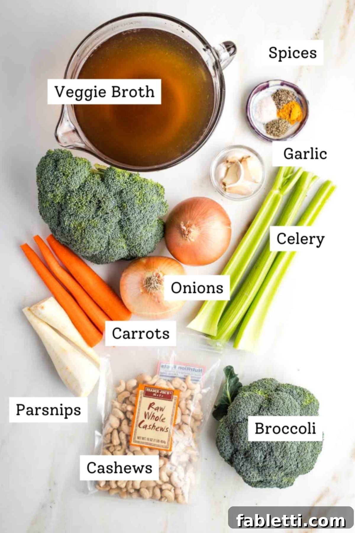 Velvety Plant-Based Broccoli Soup 3 Labeled ingredients: veggie broth, spices, celery, carrots, parsnips, garlic, broccoli and cashews.