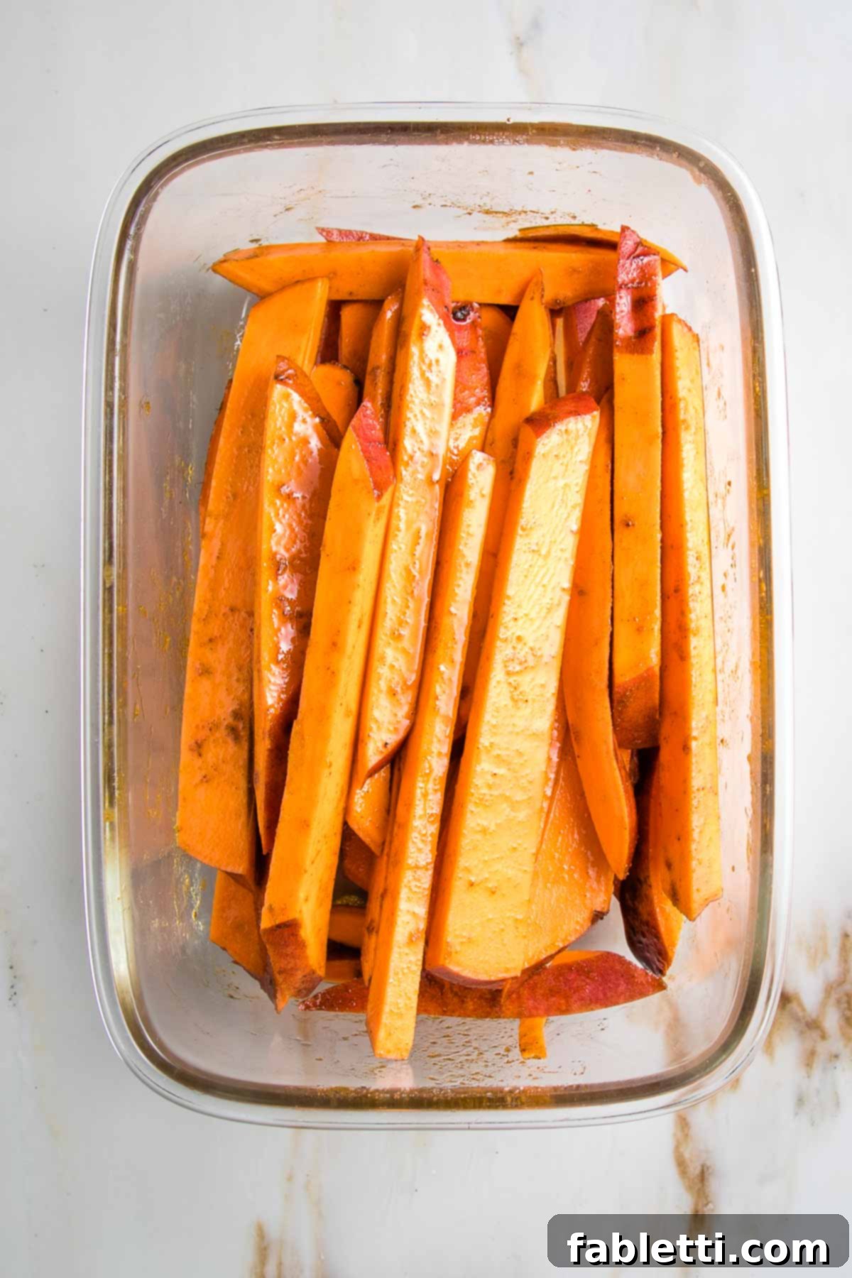 Golden Crispy Sweet Potato Fries 8 Sweet potatoes cut into fries, tossed in oil and spices.