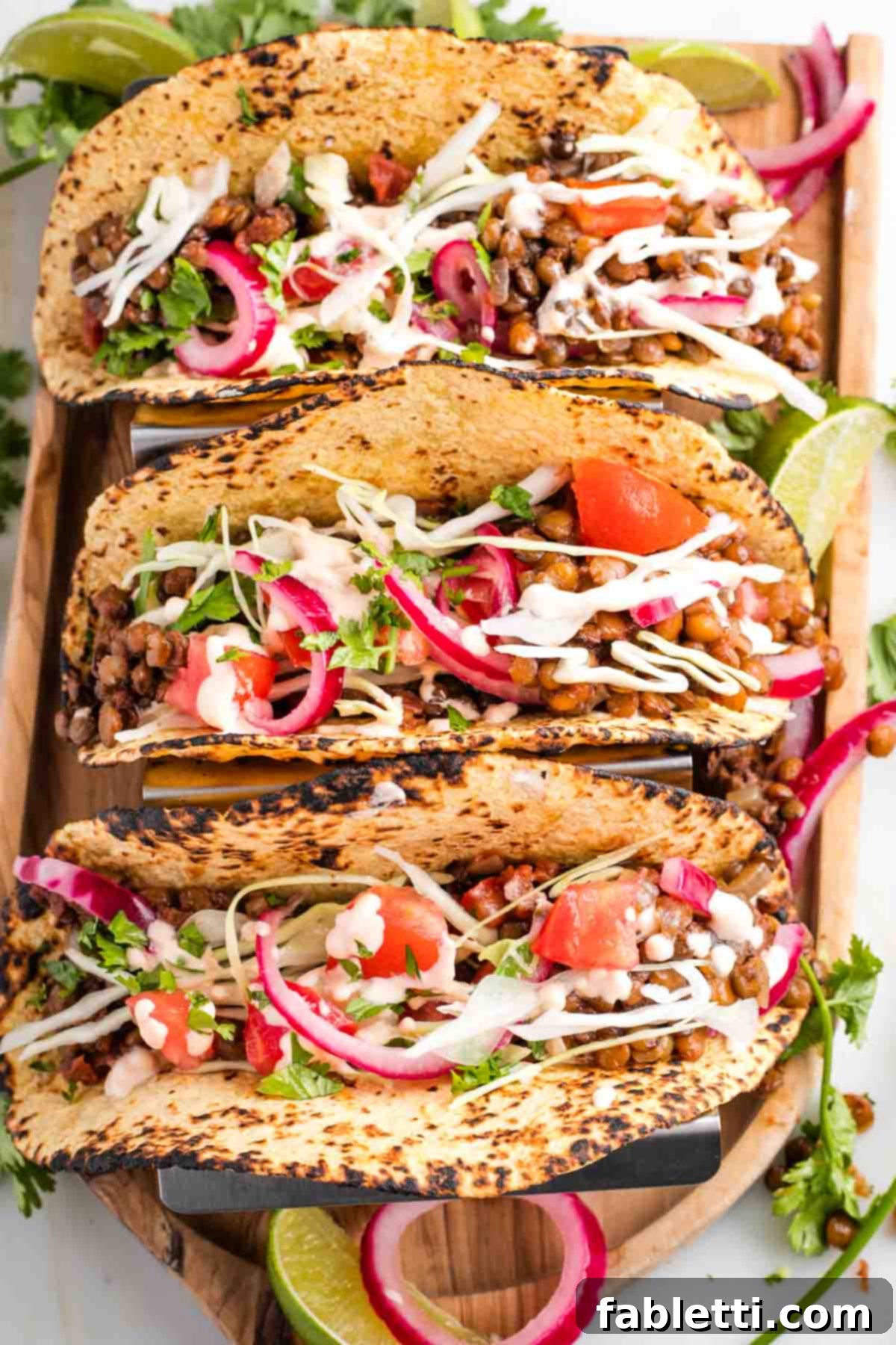 Hearty Vegan Lentil Tacos 2 Three tacos lined up with lentils, pickled onions, cabbage, tomatoes and orange sauce, showcasing a vibrant and healthy meal.
