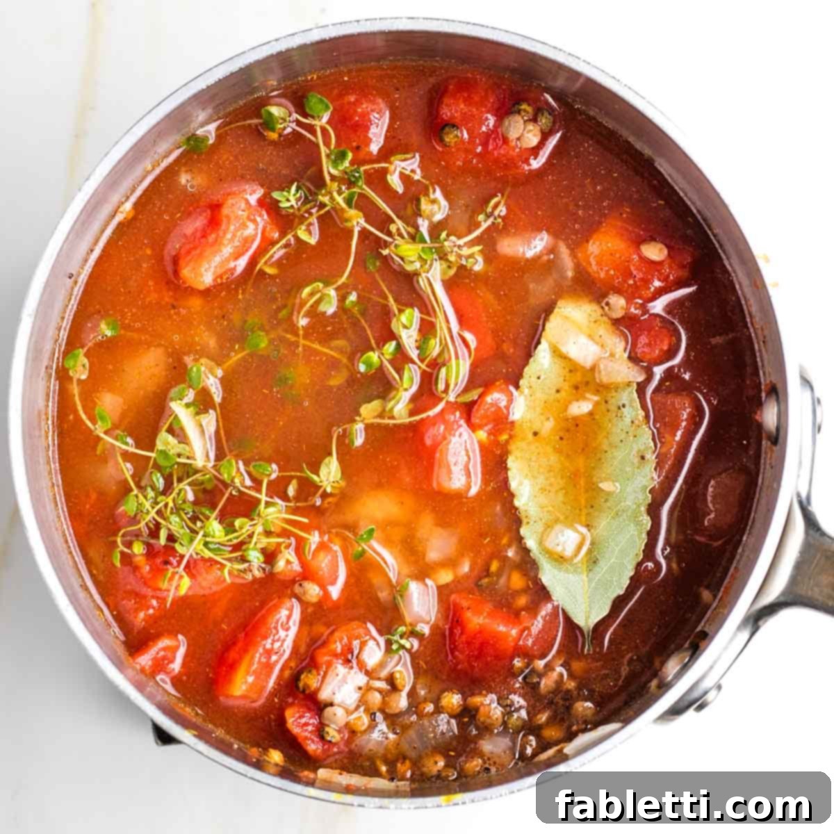 Hearty Vegan Lentil Tacos 7 Diced tomatoes, water, fresh thyme, and bay leaf added to the spiced lentil mixture.