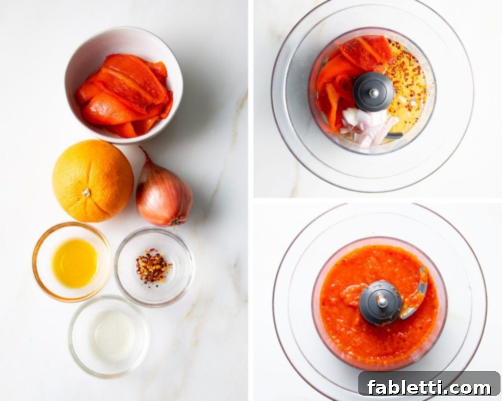 Plant-Powered Black Bean Burgers 11 Vibrant roasted red peppers, fresh orange, shallot, maple syrup, rice vinegar, and crushed red pepper flakes being blended together to create a bright, smooth, and zesty red sauce.