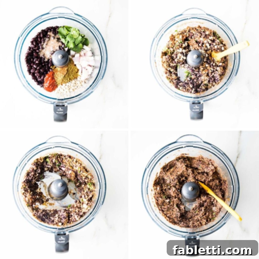 Plant-Powered Black Bean Burgers 6 A food processor bowl showing the progressive stages of ingredients being pulsed into a thick, chunky paste, with attention to not over-processing.