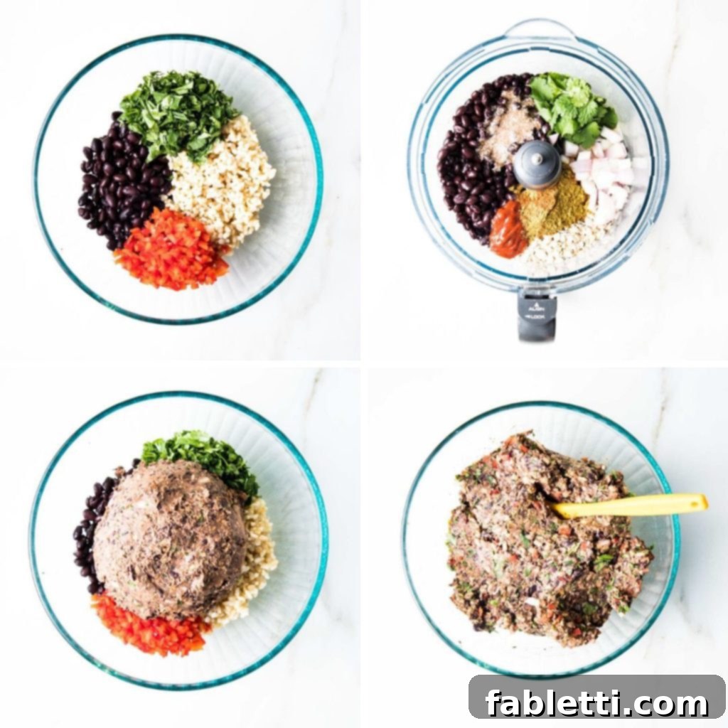 Plant-Powered Black Bean Burgers 7 Step-by-step image of mixing the black bean paste with the reserved chopped vegetables and whole beans to create a cohesive burger dough.