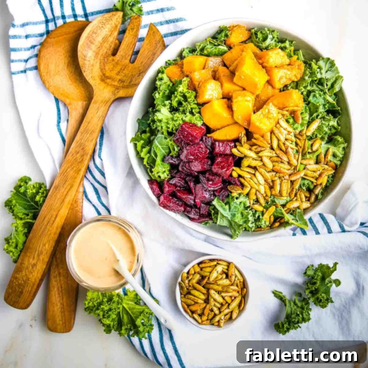 Vibrant Butternut Beetroot Medley 2 Roasted butternut squash and beets on top of kale plus creamy dressing and toasted pumpkin seeds.