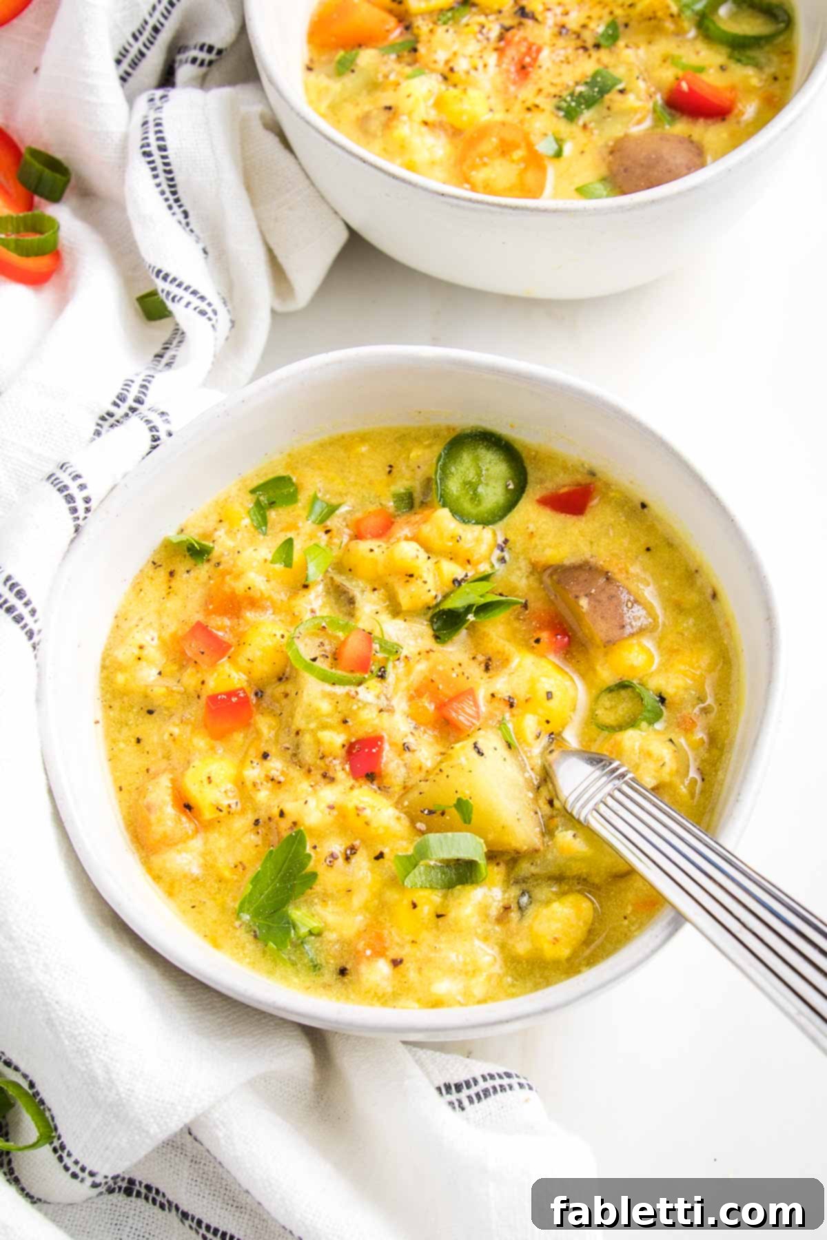 A beautifully presented white bowl filled with creamy vegan corn chowder, showcasing generous chunks of colorful vegetables. Another bowl sits subtly in the background, creating depth. A striped linen napkin artfully rests beneath the foreground bowl and extends along the side of the photo, enhancing the cozy aesthetic.