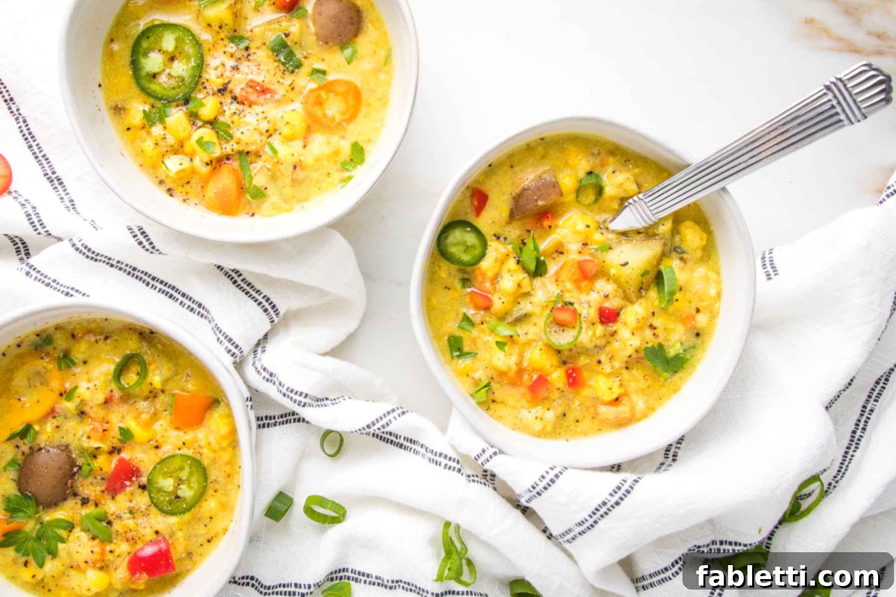 Two white bowls, artfully arranged, filled to the brim with chunky, colorful vegan corn chowder, highlighting its appealing texture and rich ingredients.