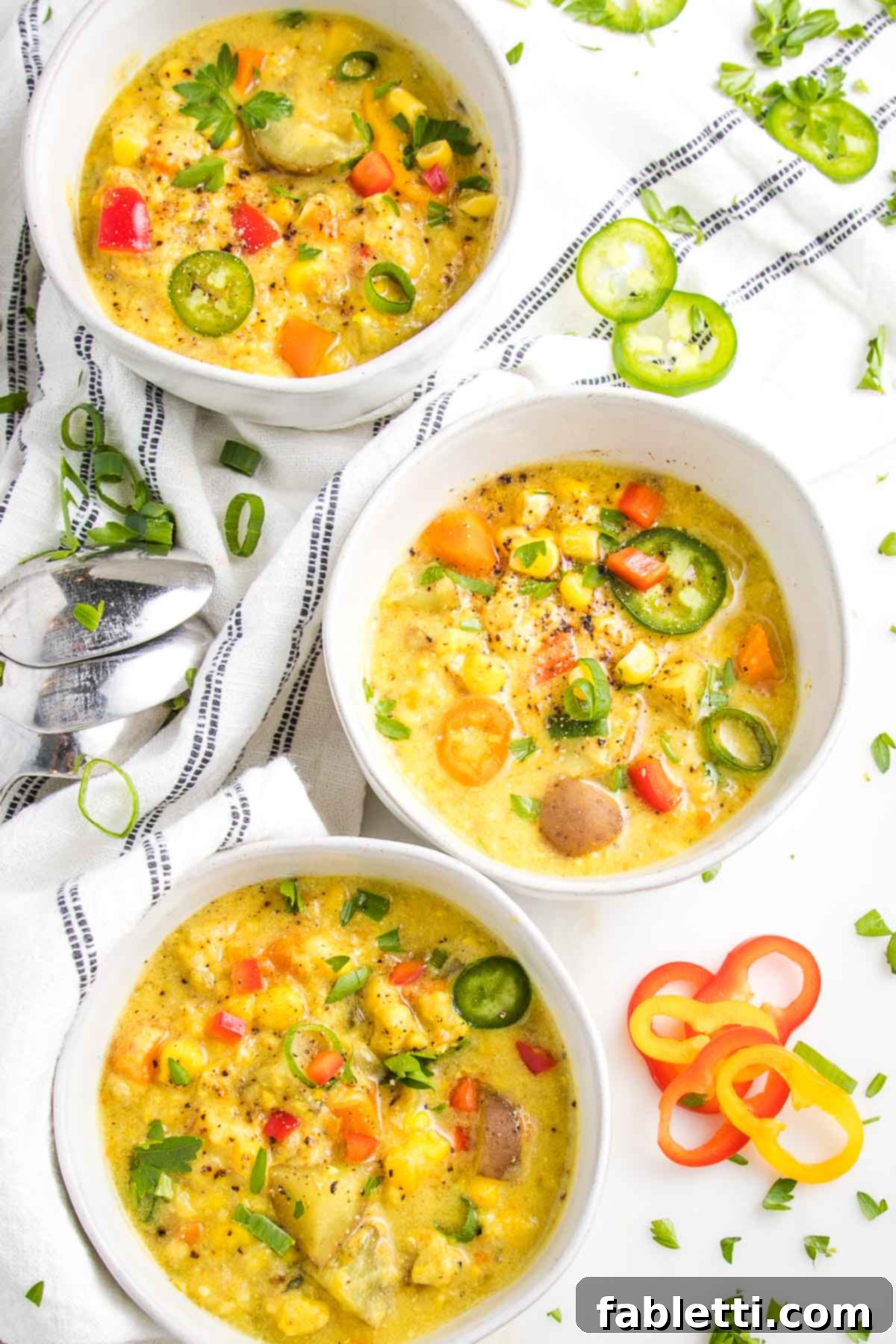 A close-up shot of a white bowl overflowing with vibrant, chunky vegan corn chowder, highlighting its creamy texture and rich array of colorful vegetables.