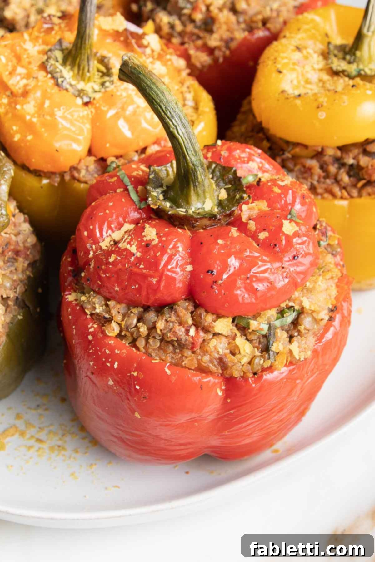 Hearty Vegan Lentil Stuffed Peppers 3 A plate featuring a red bell pepper stuffed with quinoa and lentils, accompanied by other colorful stuffed peppers.