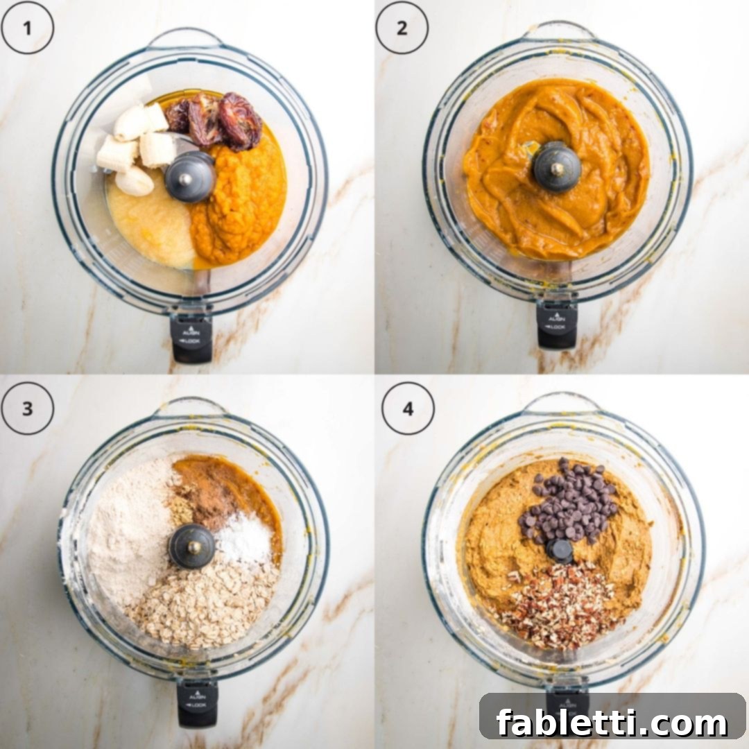 Harvest Spice Vegan Banana Loaf 5 Steps of making pumpkin bread: blending wet ingredients, mixing dry, adding to loaf pan.