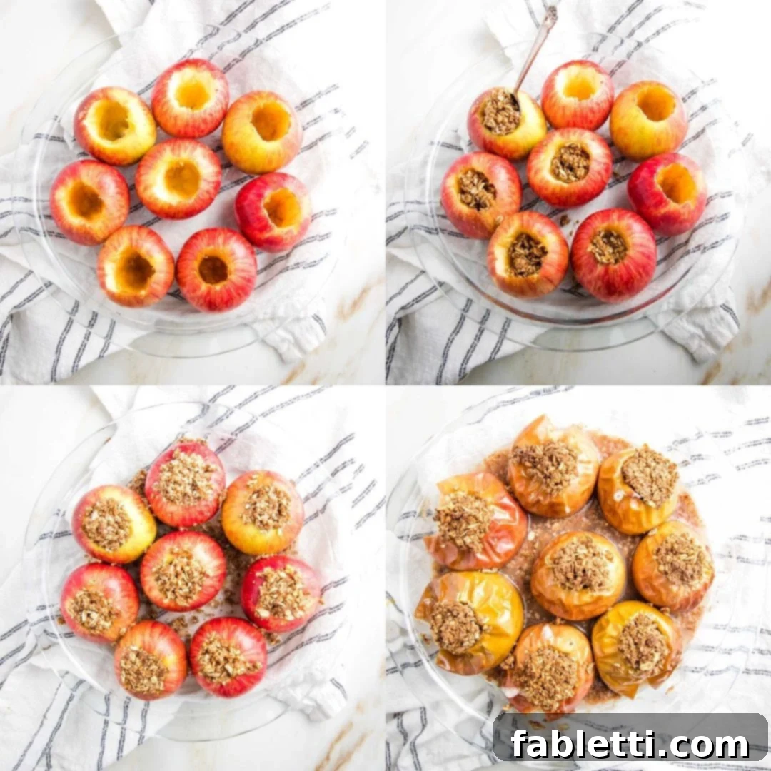 Naturally Sweet Dairy-Free Baked Apples 14 Cored apples are carefully stuffed with the sweet and spiced oat and maple syrup filling, then neatly arranged in a baking dish, ready to be placed in the oven.