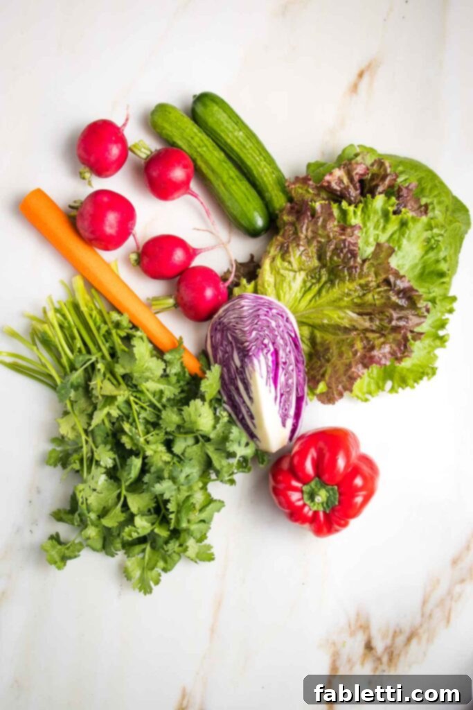 Assortment of raw ingredients for spring rolls: crisp lettuce leaves, vibrant red bell pepper, shredded purple cabbage, thinly sliced radishes, fresh cucumbers, julienned carrots, and aromatic cilantro.