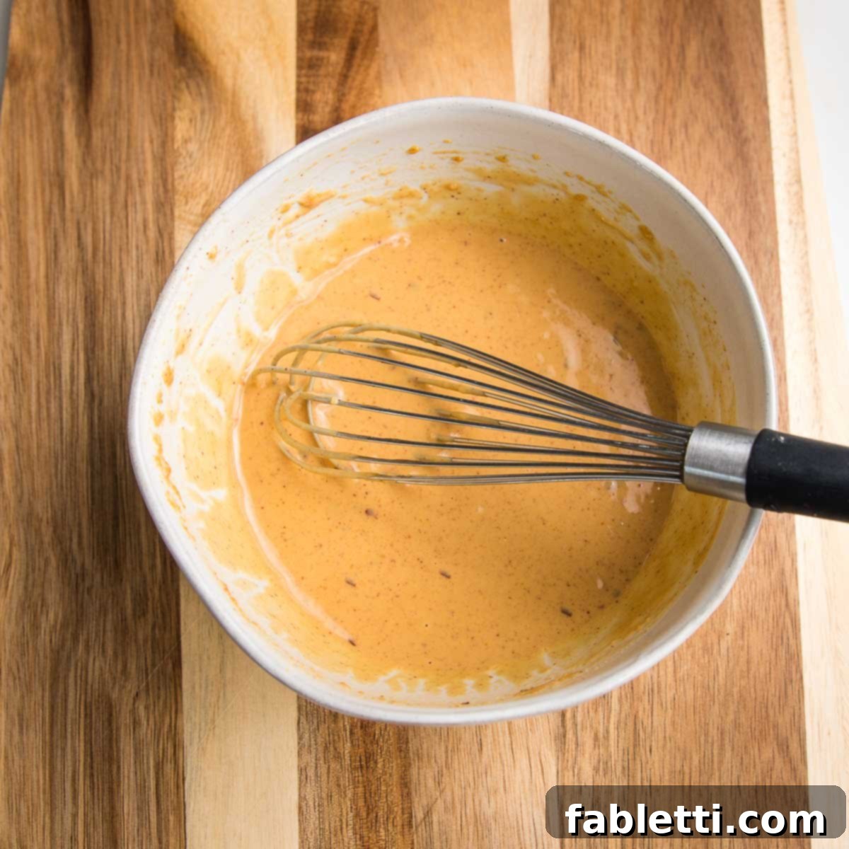 A white bowl showcasing the peanut sauce being actively whisked to a smooth and creamy consistency.