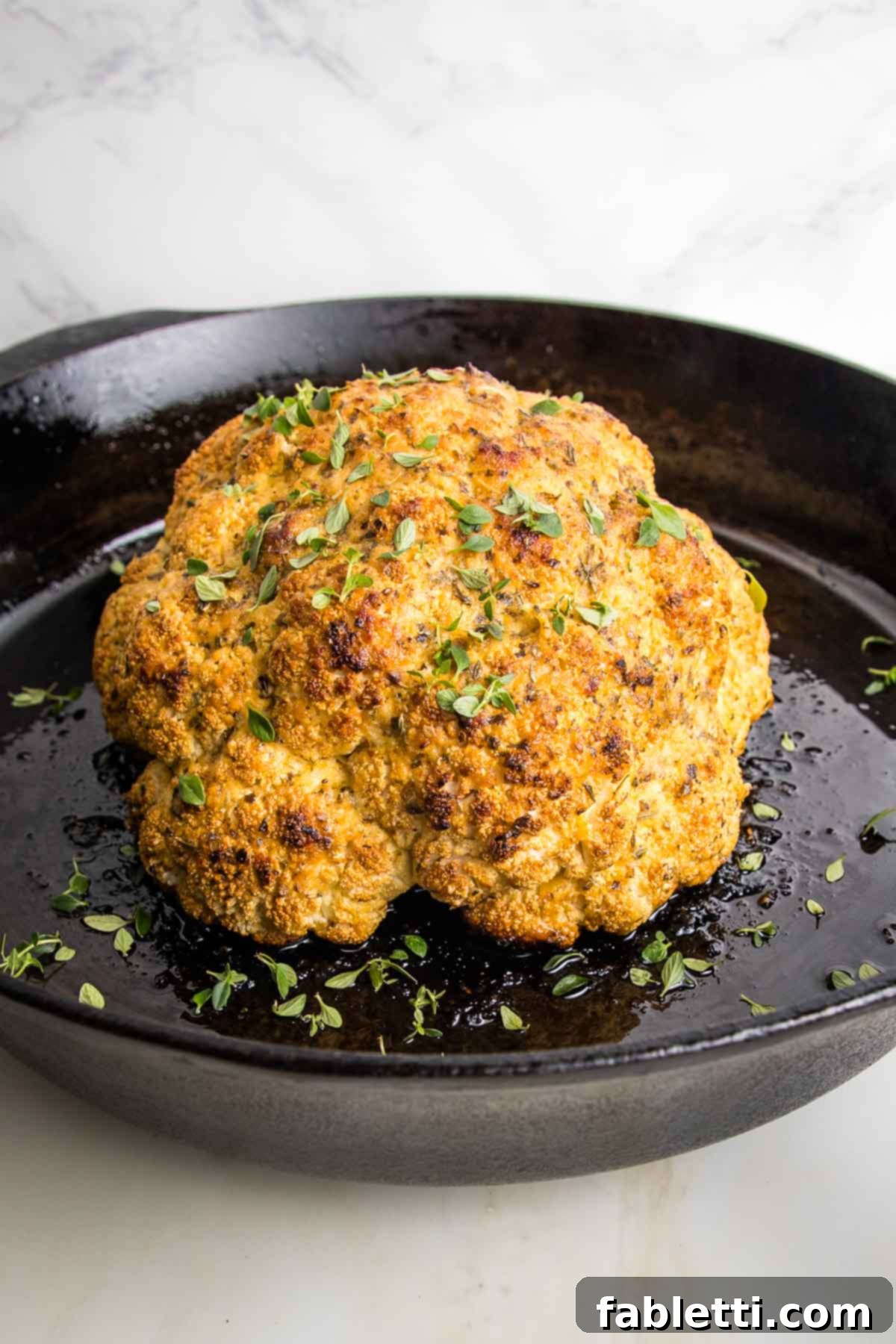 Cast iron pan with whole head of cauliflower roasted to golden perfection and sprinkled with fresh thyme.