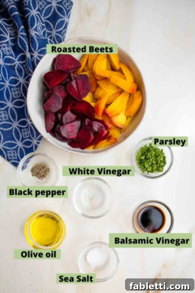 Balsamic Roasted Beet Salad 4 Roasted beet salad ingredients labeled: roasted beets, black pepper, parsley, white vinegar, balsamic vinegar, olive oil, sea salt, black pepper.