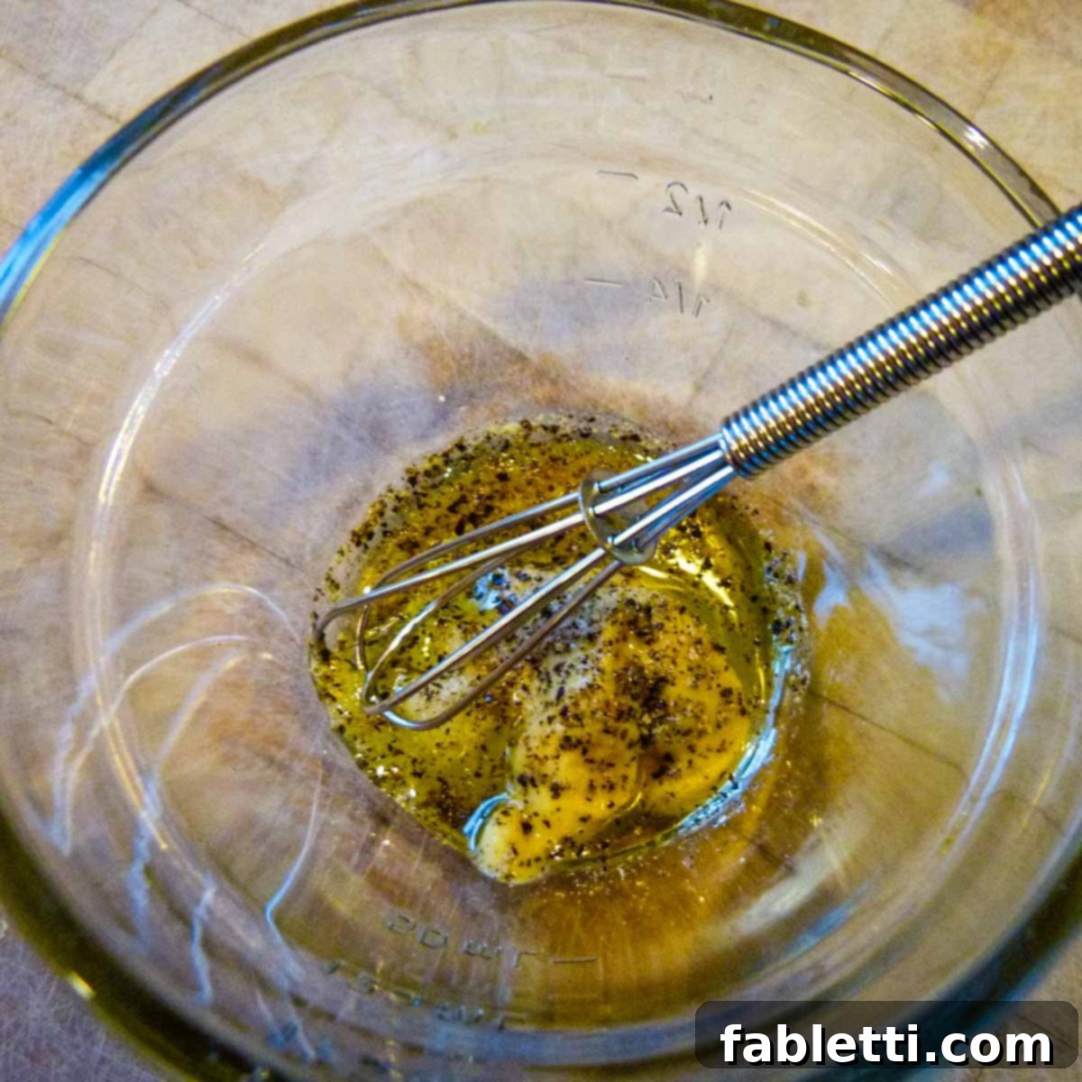 Smoked Asparagus with Dijon Glaze 6 A small glass bowl containing the vibrant ingredients for the mustard drizzle - Dijon mustard, olive oil, lemon juice, salt, and pepper - being actively whisked together to create a smooth sauce.