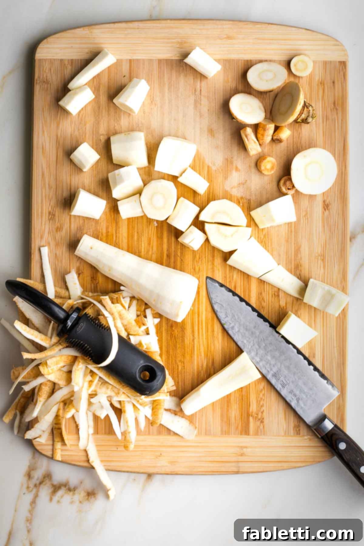Sweet Parsnip Gluten-Free Tabbouleh 8 Parsnips, trimmed and peeled, being cut into small cubes.