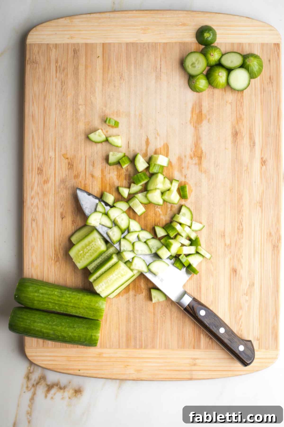 Sweet Parsnip Gluten-Free Tabbouleh 5 Cucumbers sliced lengthwise into ¼s and then small pieces.