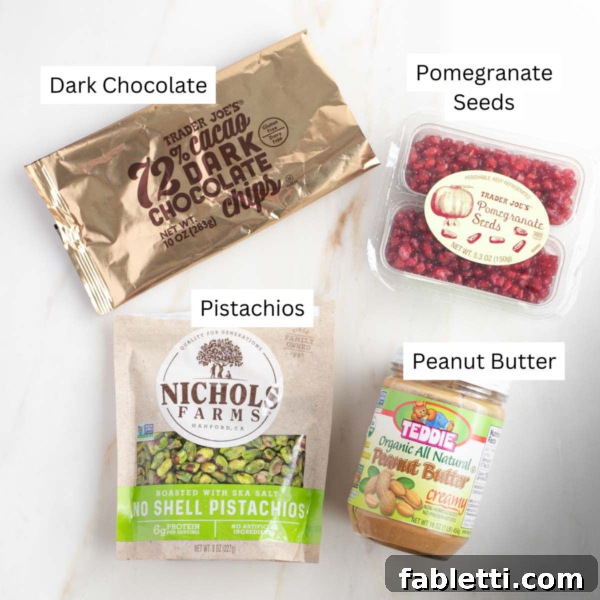 Jeweled Chocolate Peanut Butter Cups 3 Labeled ingredients for the chocolate cups: chocolate chips, pomegranate seeds, pistachios, and peanut butter.