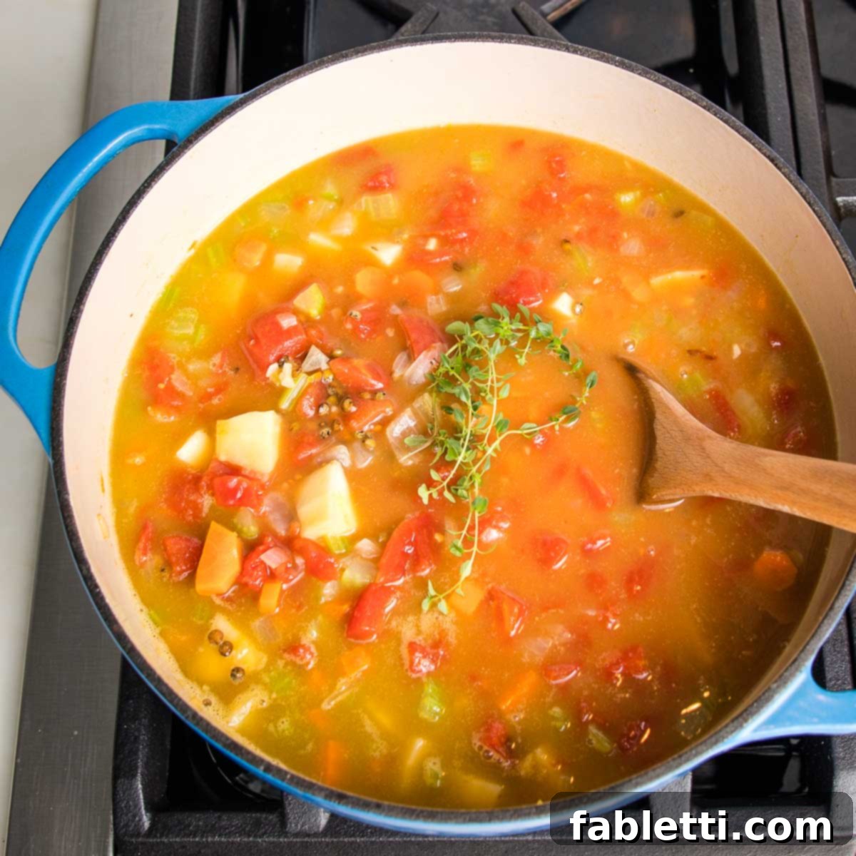 Wholesome Plant-Based Lentil Soup 13 Dutch oven with broth, tomatoes and chunky veggies and a sprig of fresh thyme.