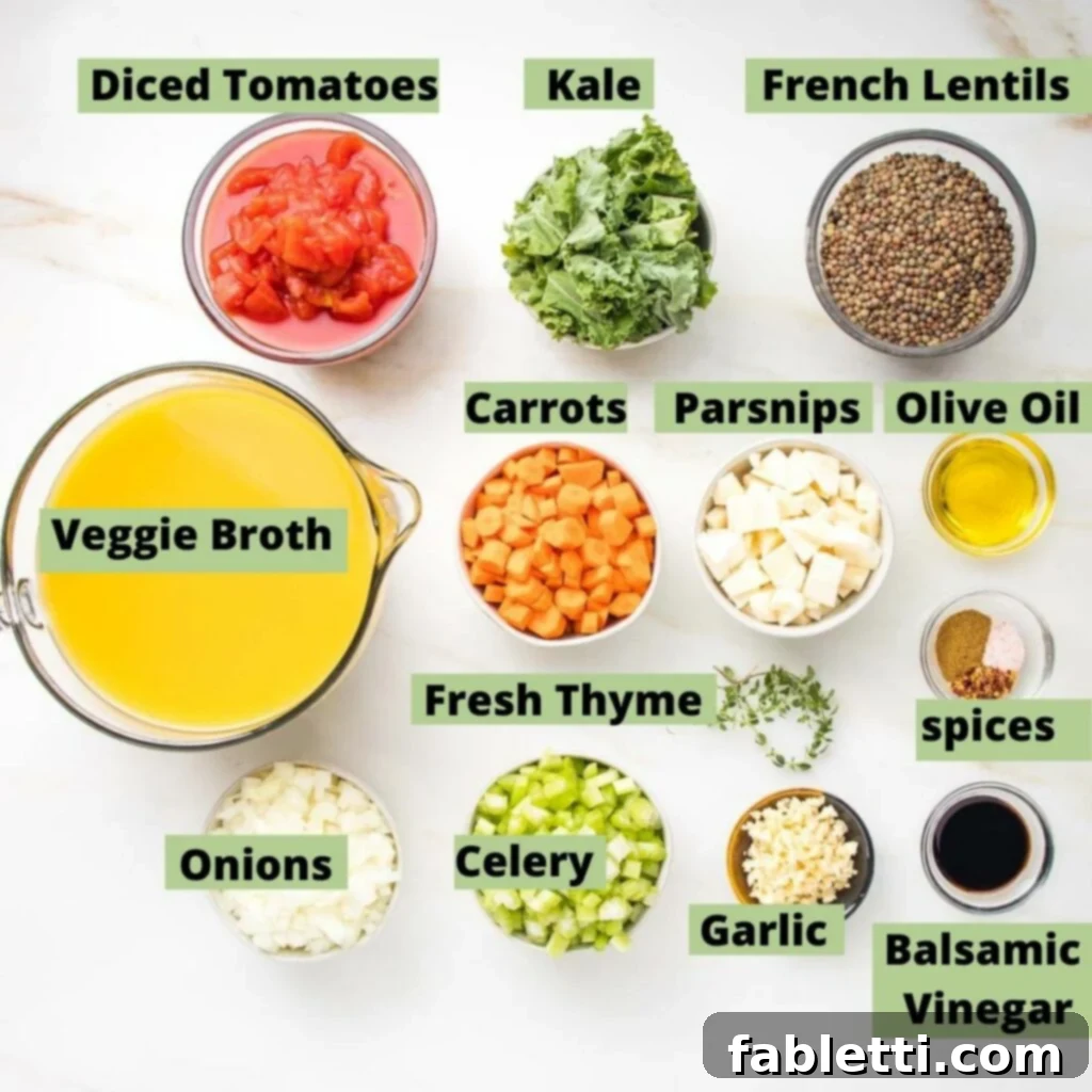 Wholesome Plant-Based Lentil Soup 4 Labeled ingredients with photos for lentil soup: diced tomatoes, kale, french green lentils, veggie broth, diced carrots, diced parsnips, olive oil, diced onions, diced celery, minced garlic, spices and balsamic vinegar