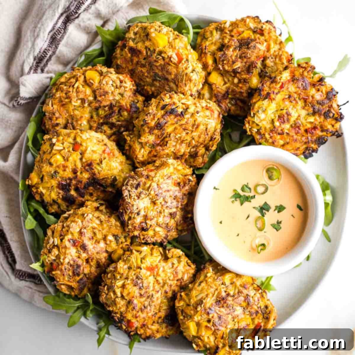 Plate full of crispy vegan crab cakes with sriracha tahini sauce on the side.
