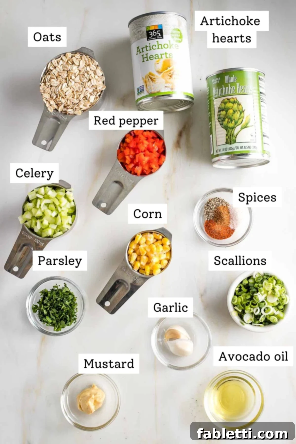 Labeled ingredients: oats, artichoke hearts, red pepper, celery, corn, parsley, spices, scallions, garlic, mustard.