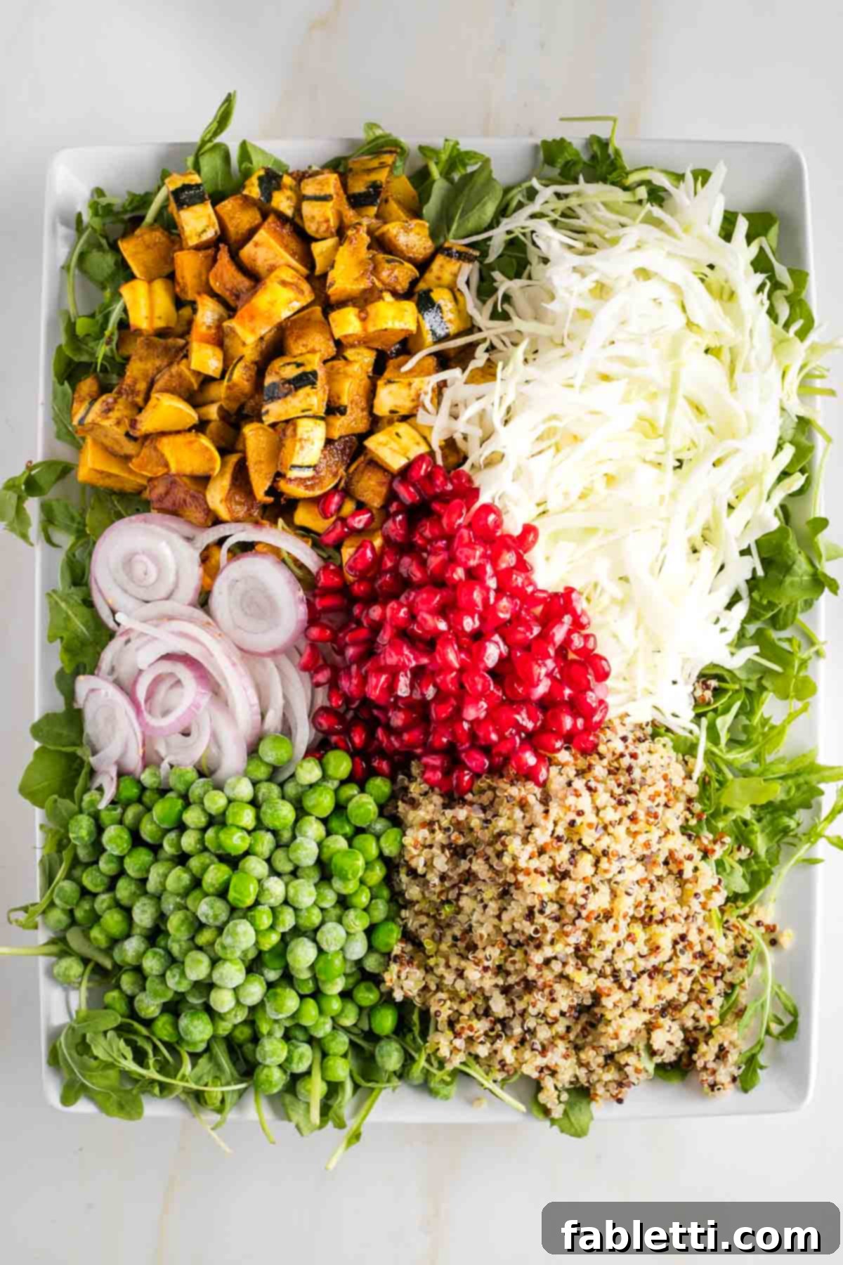 Heaps of sliced cabbage, roasted squash cubes, cooked quinoa, peas, pomegranate and shallots on a bed of arugula. 
