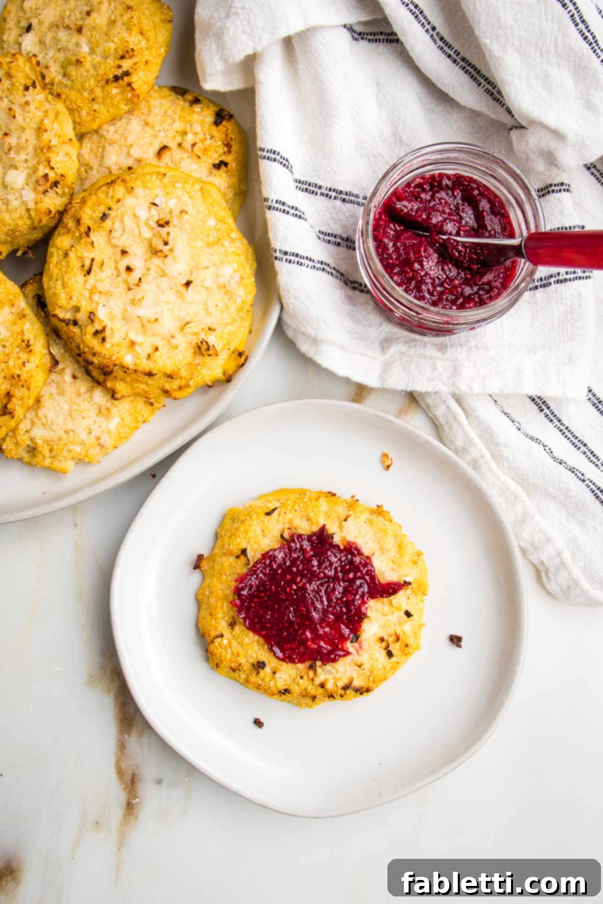 Flavorful Cauliflower Onion Buns 2 A plate of golden-brown cauliflower onion rolls, with one on a plate, generously spread with vibrant raspberry jam, inviting a delightful bite.