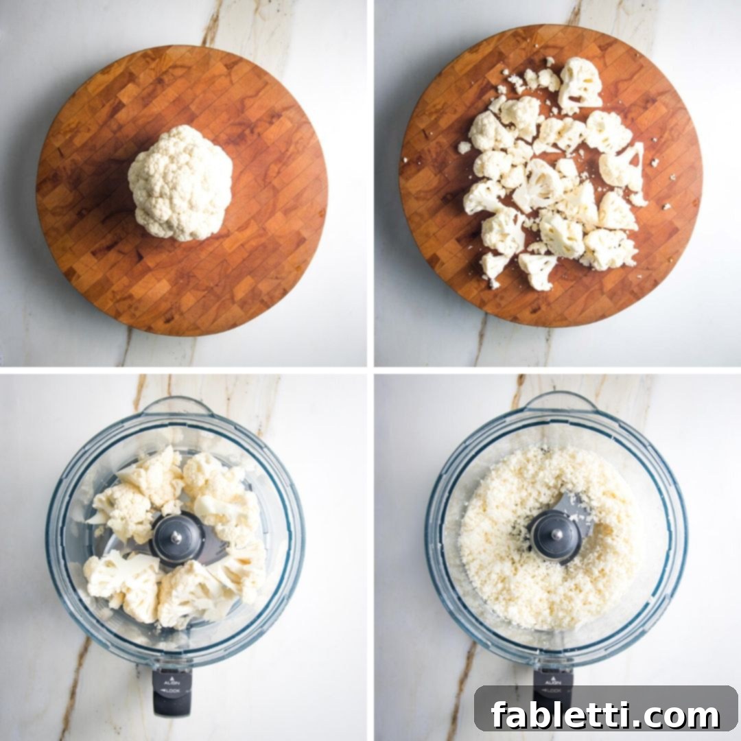 Flavorful Cauliflower Onion Buns 4 Four sequential photos illustrating the process of ricing cauliflower: from whole head, to florets, to pulsed in a food processor, resulting in fine, rice-like grains.