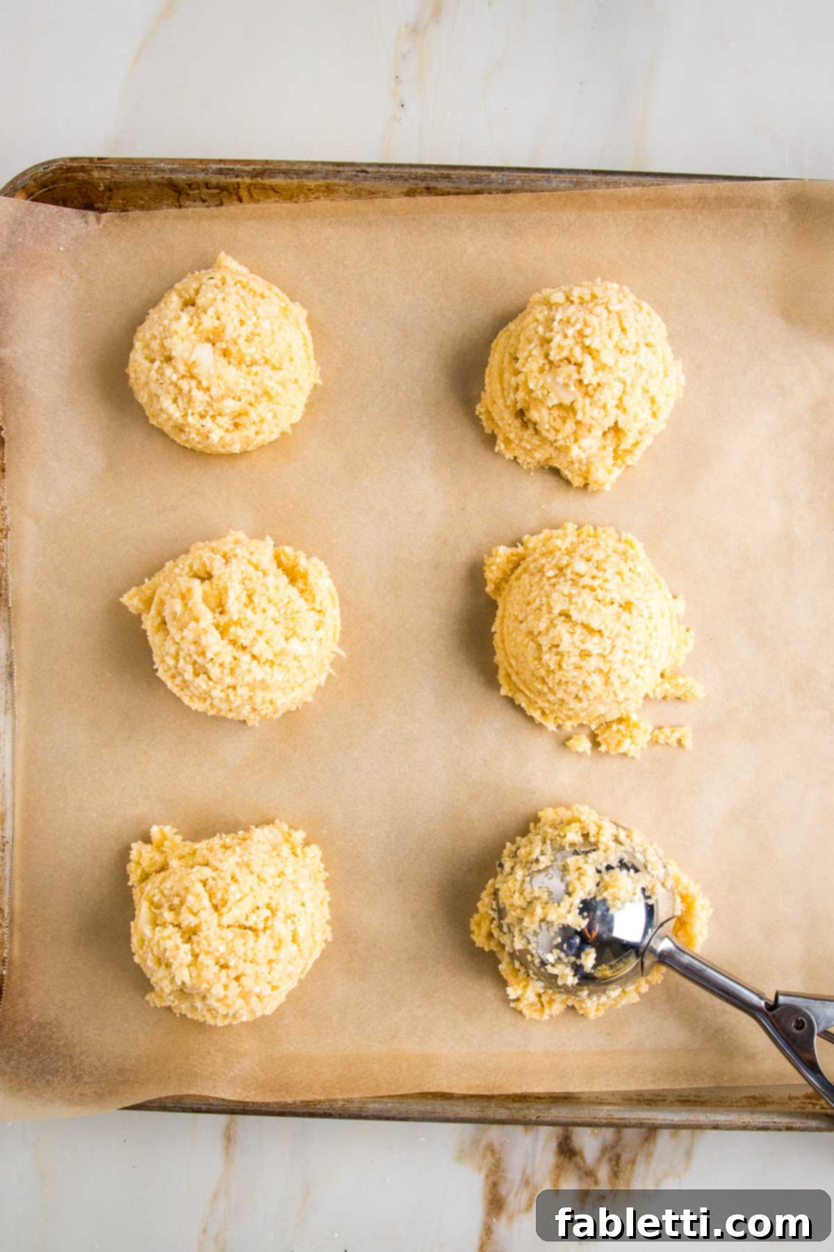 Flavorful Cauliflower Onion Buns 7 A parchment-lined baking tray with eight neatly scooped portions of cauliflower roll batter, ready to be shaped and baked.
