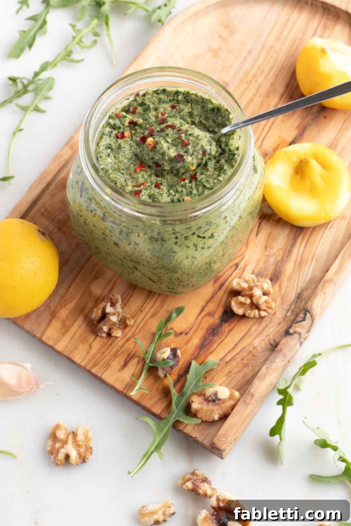 Homemade Vegan Walnut Pesto with Arugula and Spinach A beautifully arranged scene featuring a jar of freshly made vegan walnut pesto. It is surrounded by its key fresh ingredients: vibrant arugula leaves, crunchy raw walnuts, aromatic garlic cloves, and bright, zesty lemons, highlighting the natural goodness of the recipe.