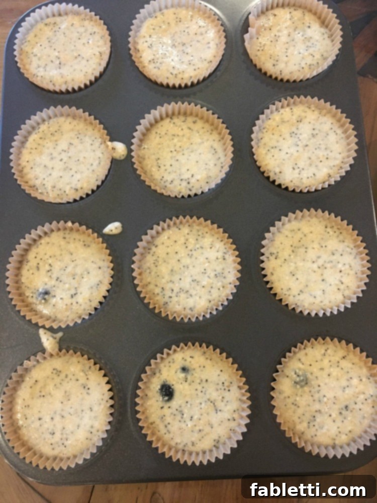 Bright Gluten-Free Blueberry Lemon Poppy Seed Muffins 4 Raw Lemon Poppy Seed Muffin batter, scooped into a muffin tin, ready for baking.