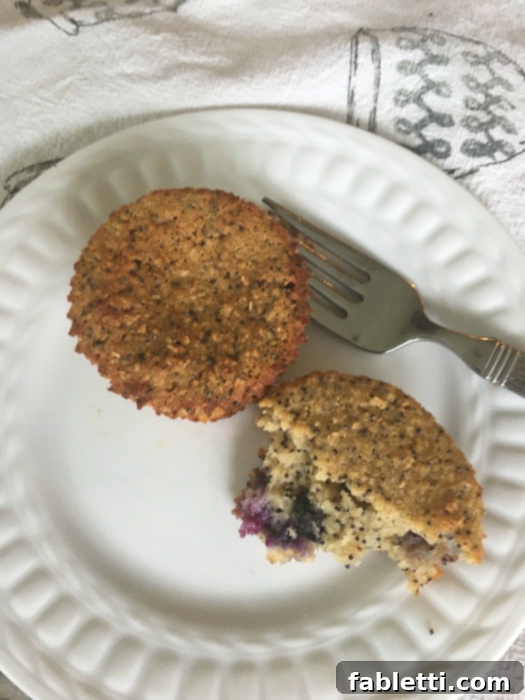 Bright Gluten-Free Blueberry Lemon Poppy Seed Muffins 8 A close-up of a delicious, moist, healthy, and gluten-free muffin, cut in half to show its interior.