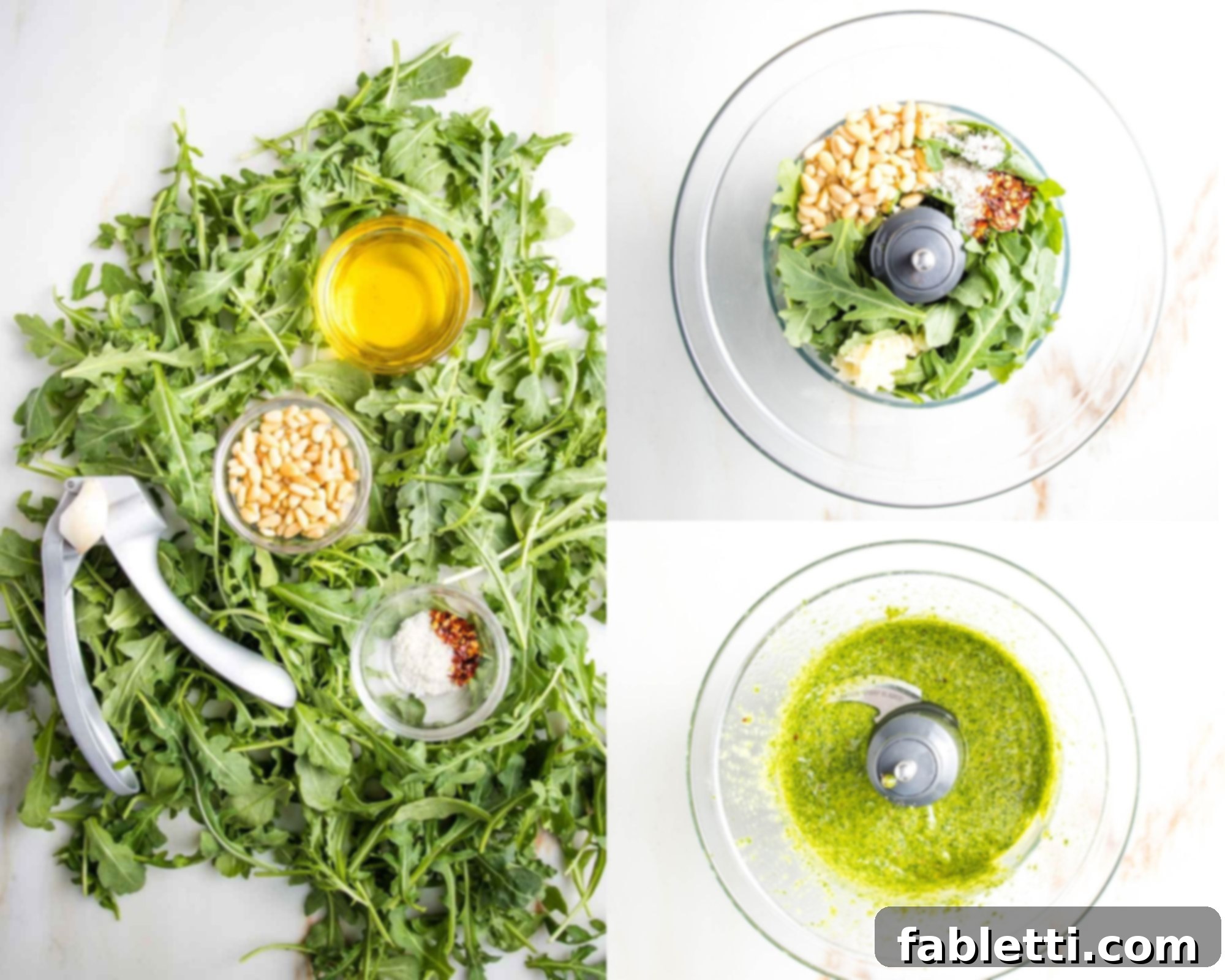 Hearty Homemade White Bean Veggie Burgers 12 Ingredients for arugula aioli laid out: fresh arugula, garlic cloves, olive oil, pine nuts, sea salt, and crushed red pepper. The finished vibrant green aioli is shown in a food processor bowl.