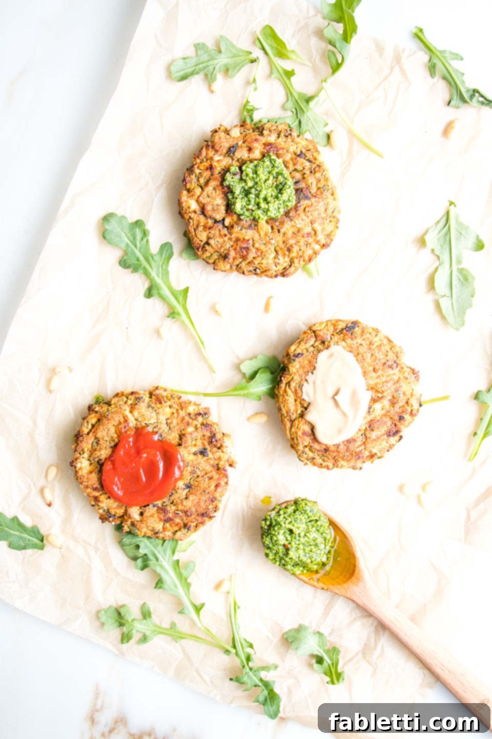 Hearty Homemade White Bean Veggie Burgers 13 A close-up of a white bean burger patty on a bun, beautifully dressed with various toppings like fresh lettuce, vibrant purple onions, and a drizzle of green aioli, inviting the viewer to customize their own.