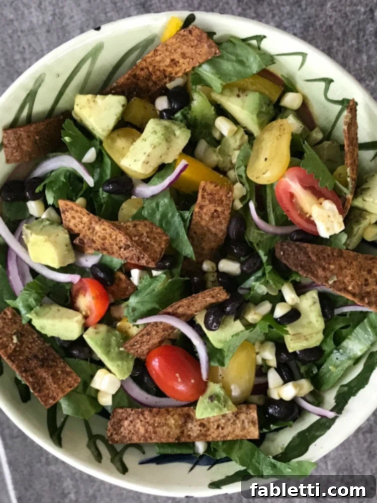 Oven-Crisped Taco Salad 2 Baked Tortilla Strips on a tasty and healthy taco salad