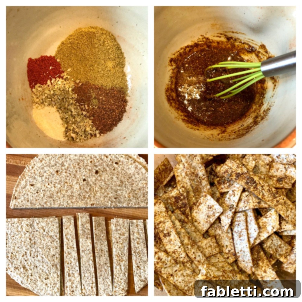 Oven-Crisped Taco Salad 4 Tortillas cut into strips and coated with taco seasoning.