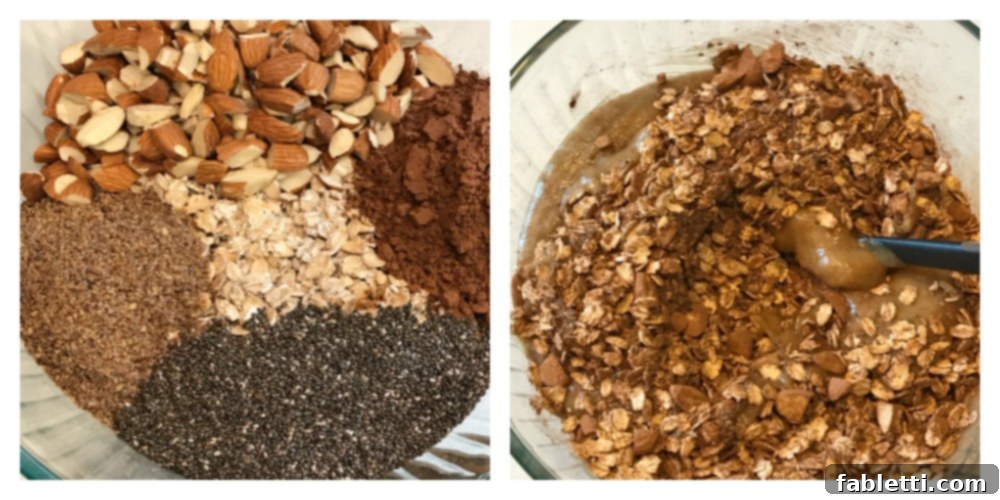 Nourishing Chocolate Oat Granola 4 Bowl with almonds, chia seeds, cocoa powder, ground flax and oatmeal.