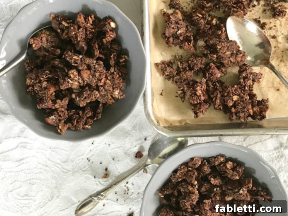 Nourishing Chocolate Oat Granola 9 Chocolate granola in a bowl, served with a spoon from a baking tray.