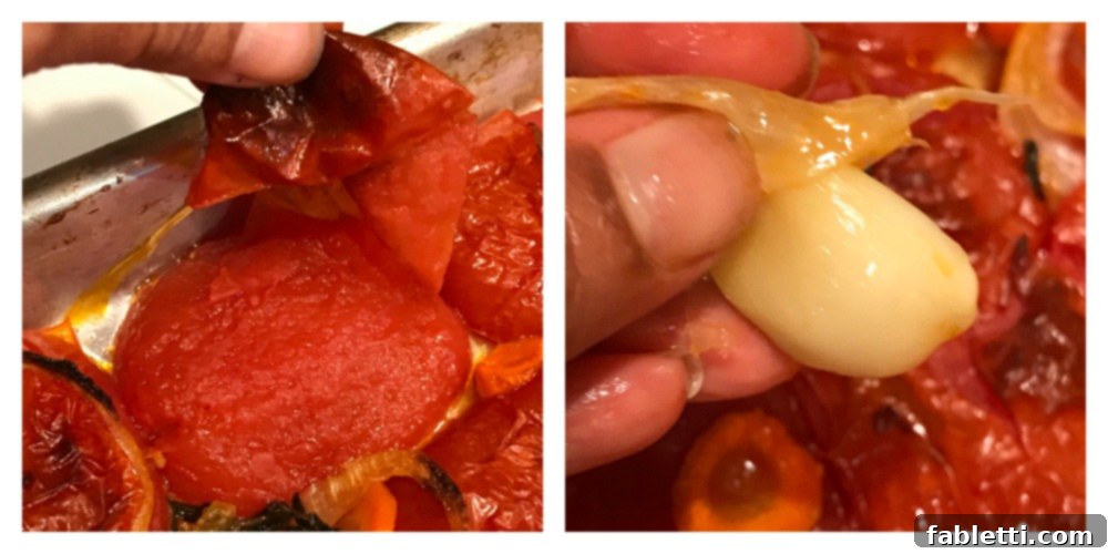 Rustic Roasted Tomato Sauce 7 Blistered tomato skins and softened garlic skins after roasting, indicating they are easy to peel.