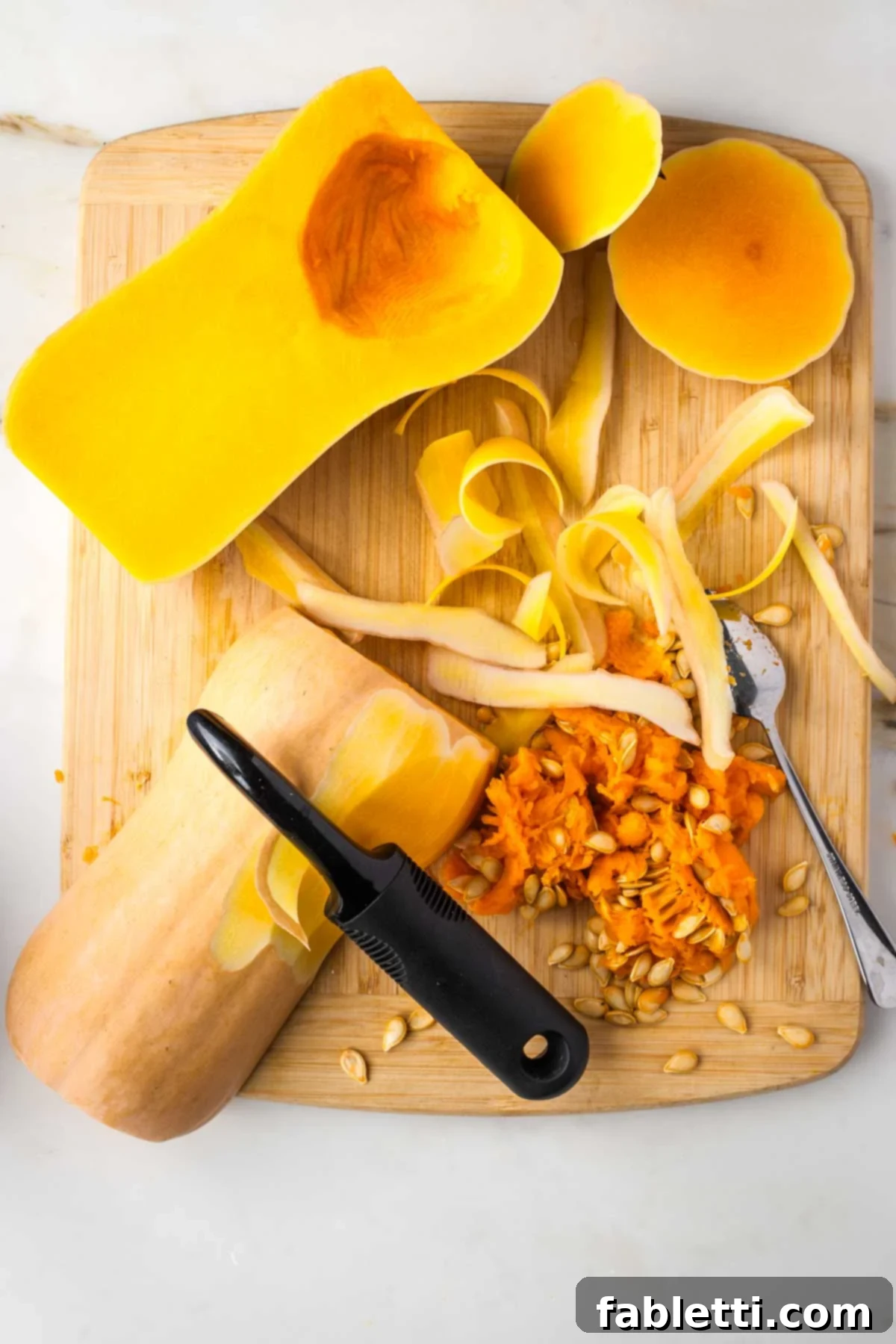 Hearty Fall Vegan Minestrone 4 Butternut squash, halved, seeds scooped out, vegetable peeler removing skin.