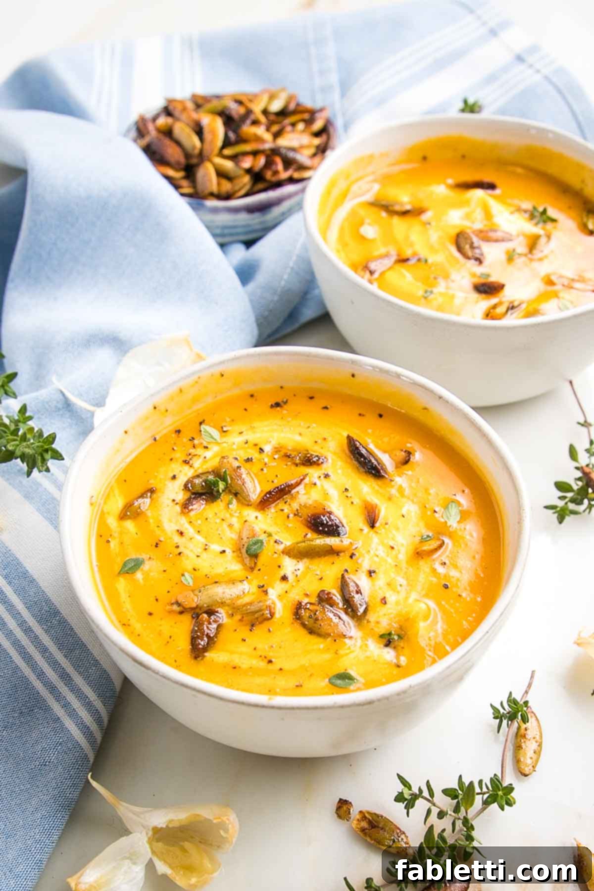 Velvety Vegan Butternut Bliss 20 Bowl of creamy butternut squash soup with a swirl of sour cream and some toasted pepitas.