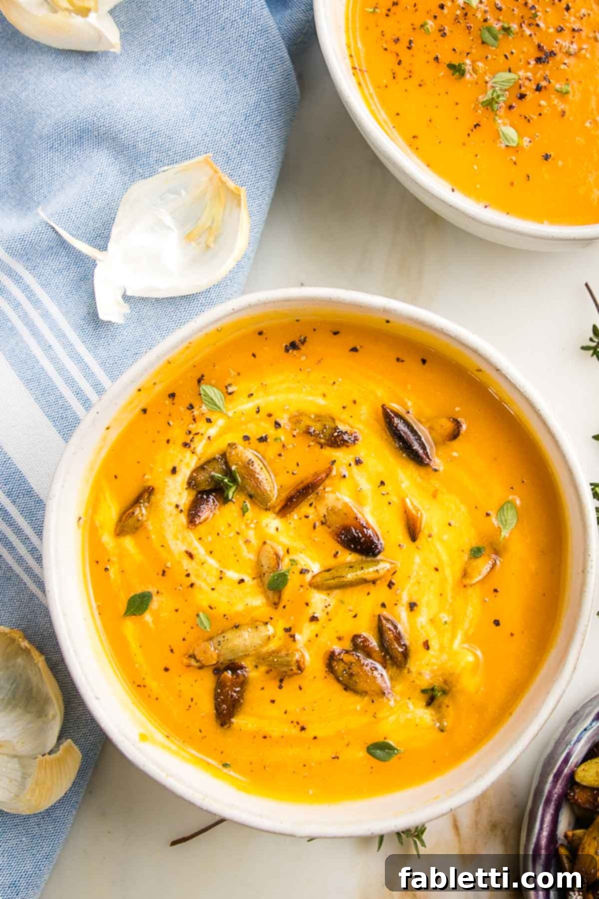 Velvety Vegan Butternut Bliss 3 Bowl of creamy butternuts squash soup with toasted pumpkin seeds, fresh herbs and swirl of vegan sour cream.
