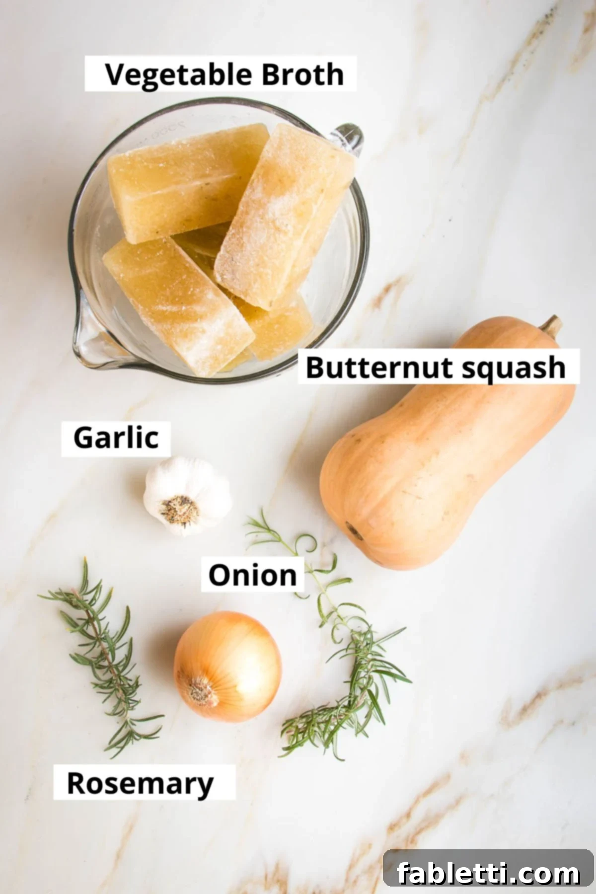 Velvety Vegan Butternut Bliss 4 Labeled ingredients: Vegetable broth, butternut squash, garlic, onion, rosemary.