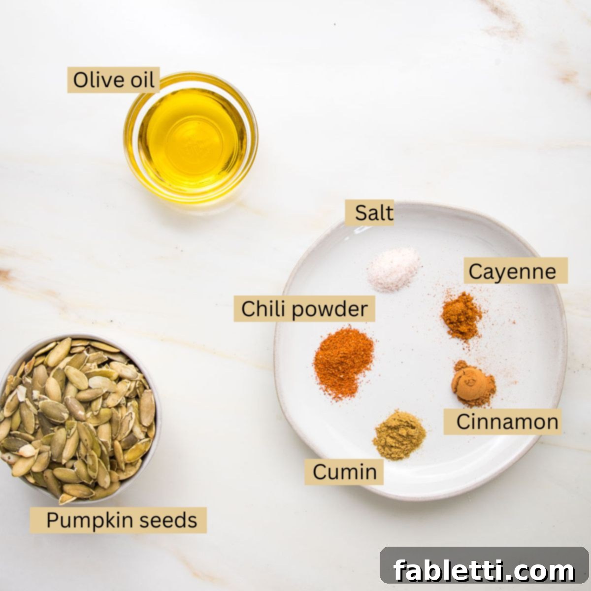 Velvety Vegan Butternut Bliss 5 Labeled ingredients: olive oil, pumpkin seeds, salt, cayenne, chili powder, cumin, cinnamon.